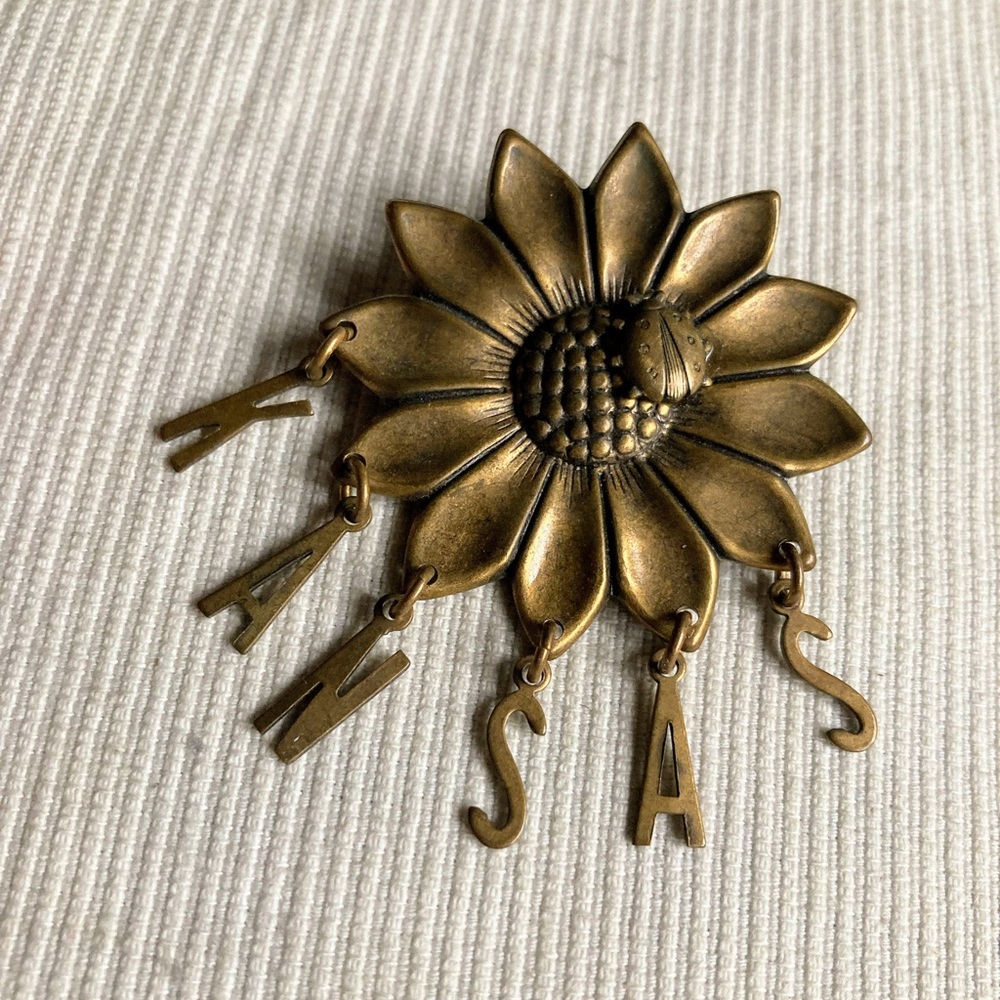 Vintage Kansas Sunflower Ladybug Dangling Letters Brass Brooch Pin - Picture 4 of 6